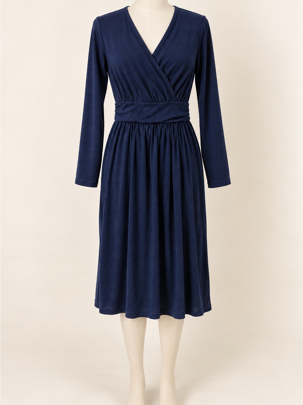 Navy Blue Faux Wrap Midi Dress Size M Long Sleeve Stretch V Neck